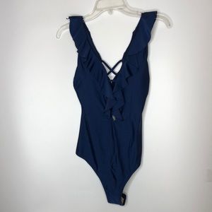 NWT Womens Bathing Suit one piece Ruffles open back Lace Up SMALL S New BLUE